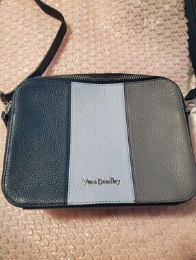Vera Bradley Leather Tri-Panel Pebbled Crossbody in Navy, Light Blue, Gray
